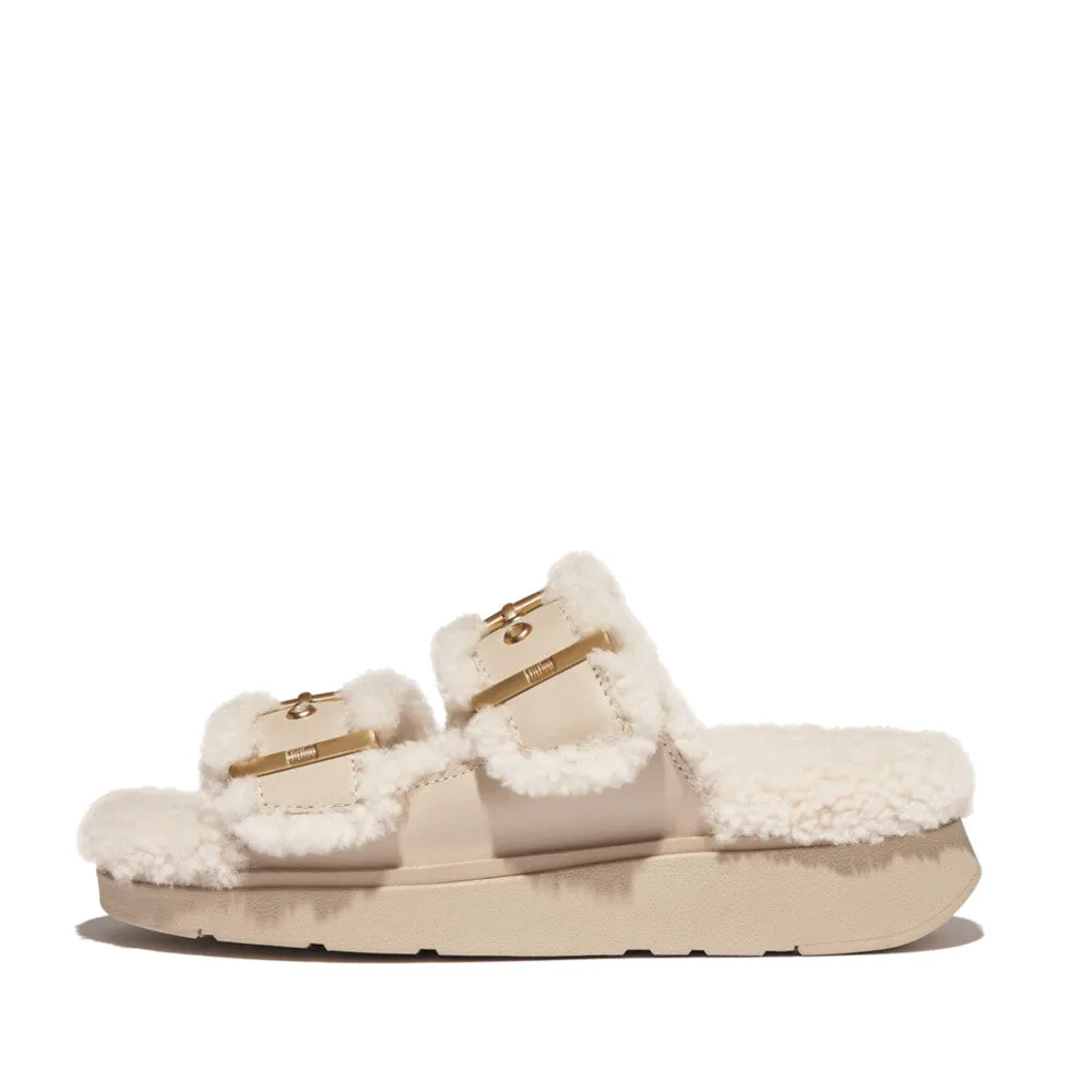 Fitflop Gen-FF Buckle 2 Bar Curly Shearling Leather Slides Stone Beige