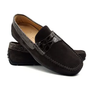 Monza Sueded Calfskin and Crocodile Driver in Nicotine by Zelli Italia